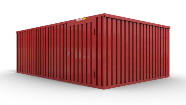 Lagercontainer M3  – 18 qm, H2150 x B3050 x T6520 mm, Außenwandlackierung RAL 3000 feuerrot, Dach außen verzinkt, mit Holzfußboden, 1270 mm Einflügeltür mittig in Modul D, montiert