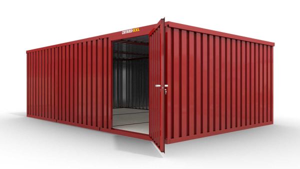 Lagercontainer XL3  – 32 qm, H2150 x B5080 x T6520 mm, Außenwandlackierung RAL 3000 feuerrot, Dach außen verzinkt, mit Holzfußboden, 1270 mm Einflügeltür mittig in Modul D, montiert