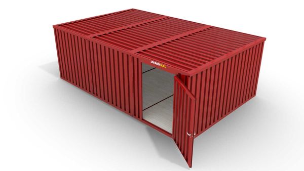 Lagercontainer M3  – 18 qm, H2150 x B3050 x T6520 mm, Außenwandlackierung RAL 3000 feuerrot, Dach außen verzinkt, mit Holzfußboden, 1270 mm Einflügeltür mittig in Modul D, montiert