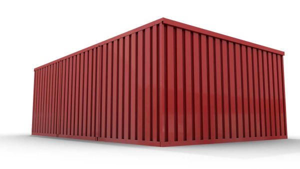 Lagercontainer XL3  – 32 qm, H2150 x B5080 x T6520 mm, Außenwandlackierung RAL 3000 feuerrot, Dach außen verzinkt, mit Holzfußboden, 1830 mm Doppelflügeltür mittig in Modul D, montiert