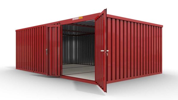 Lagercontainer M3  – 18 qm, H2150 x B3050 x T6520 mm, Außenwandlackierung RAL 3000 feuerrot, Dach außen verzinkt, mit Holzfußboden, 1830 mm Doppelflügeltür mittig in Modul D, montiert