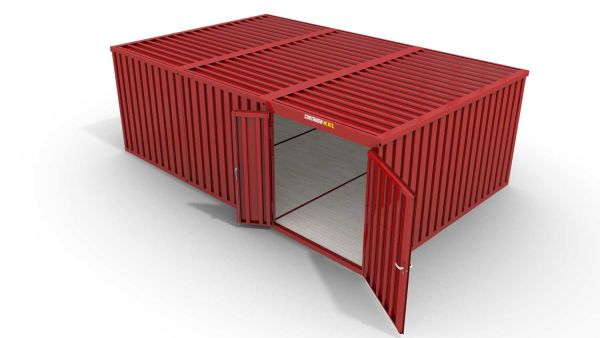 Lagercontainer XL3  – 32 qm, H2150 x B5080 x T6520 mm, Außenwandlackierung RAL 3000 feuerrot, Dach außen verzinkt, mit Holzfußboden, 1830 mm Doppelflügeltür mittig in Modul D, montiert