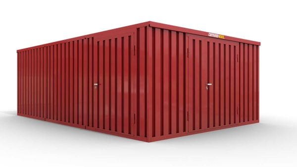 Lagercontainer M3  – 18 qm, H2150 x B3050 x T6520 mm, Außenwandlackierung RAL 3000 feuerrot, Dach außen verzinkt, mit Holzfußboden, 1830 mm Doppelflügeltür mittig in Stirnseite und 1270 mm Einflügeltür mittig in Modul C, montiert