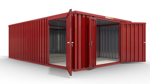 Lagercontainer M3  – 18 qm, H2150 x B3050 x T6520 mm, Außenwandlackierung RAL 3000 feuerrot, Dach außen verzinkt, mit Holzfußboden, 1830 mm Doppelflügeltür mittig in Stirnseite und 1270 mm Einflügeltür mittig in Modul C, montiert