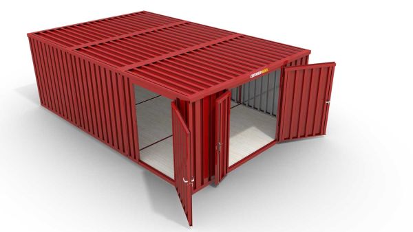 Lagercontainer M3  – 18 qm, H2150 x B3050 x T6520 mm, Außenwandlackierung RAL 3000 feuerrot, Dach außen verzinkt, mit Holzfußboden, 1830 mm Doppelflügeltür mittig in Stirnseite und 1270 mm Einflügeltür mittig in Modul C, montiert