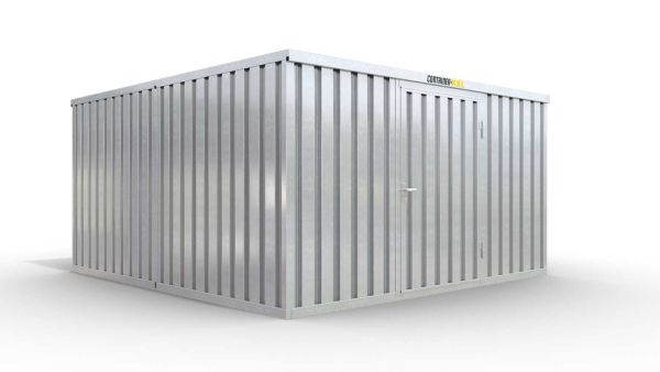 Lagercontainer XL2  – 21 qm, H2150 x B5080 x T4340 mm, verzinkt, mit Holzfußboden, 1270 mm Einflügeltür mittig in Breitseite, zerlegt