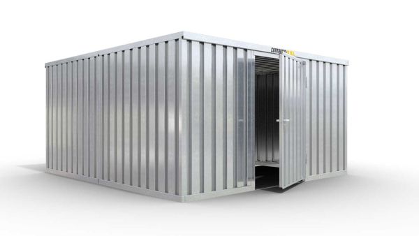 Lagercontainer M2  – 12 qm, H2115 x B3050 x T4340 mm, verzinkt, ohne Fußboden, 1270 mm Einflügeltür mittig in Breitseite, zerlegt