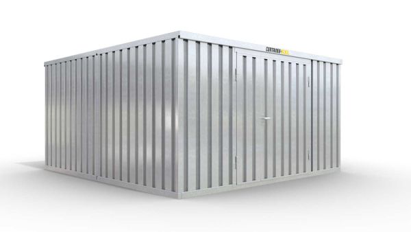 Lagercontainer M2  – 12 qm, H2150 x B3050 x T4340 mm, verzinkt, mit Holzfußboden, 1830 mm Doppelflügeltür mittig in Stirnseite, zerlegt