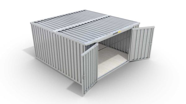 Lagercontainer XL2  – 21 qm, H2150 x B5080 x T4340 mm, verzinkt, mit Holzfußboden, 2750 mm Doppelflügeltür mittig in Stirnseite, zerlegt