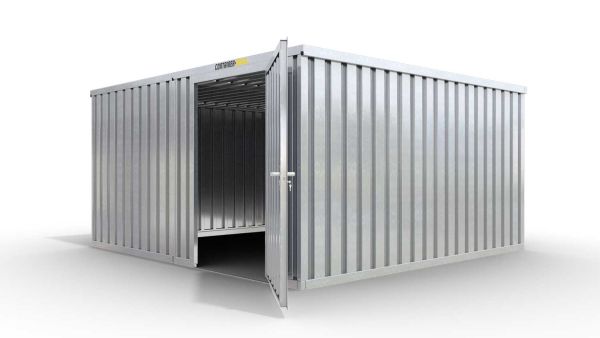 Lagercontainer XL2  – 21 qm, H2115 x B5080 x T4340 mm, verzinkt, ohne Fußboden, 1270 mm Einflügeltür mittig in Modul D, zerlegt