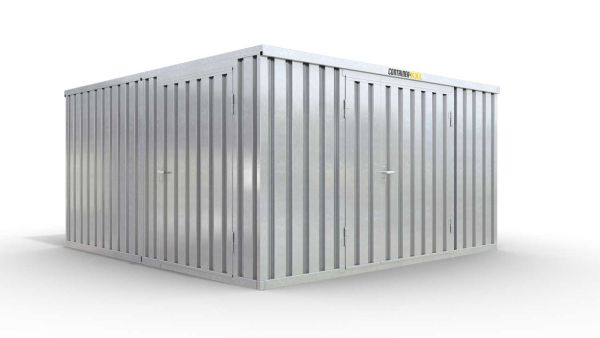 Lagercontainer XL2  – 21 qm, H2150 x B5080 x T4340 mm, verzinkt, mit Holzfußboden, 1830 mm Doppelflügeltür mittig in Stirnseite und 1270 mm Einflügeltür mittig in Modul C, zerlegt