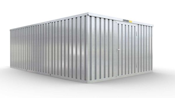 Lagercontainer L3  – 25 qm, H2150 x B4050 x T6520 mm, verzinkt, mit Holzfußboden, 1270 mm Einflügeltür mittig in Breitseite, zerlegt