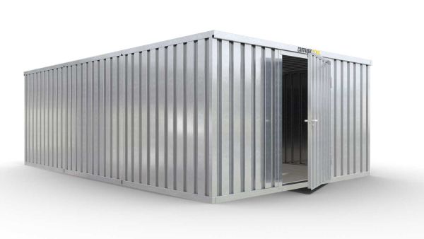 Lagercontainer M3  – 18 qm, H2150 x B3050 x T6520 mm, verzinkt, mit Holzfußboden, 1270 mm Einflügeltür mittig in Breitseite, zerlegt