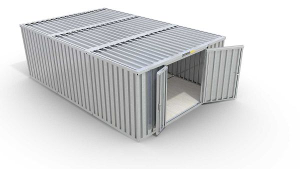 Lagercontainer L3  – 25 qm, H2150 x B4050 x T6520 mm, verzinkt, mit Holzfußboden, 1830 mm Doppelflügeltür mittig in Stirnseite, zerlegt