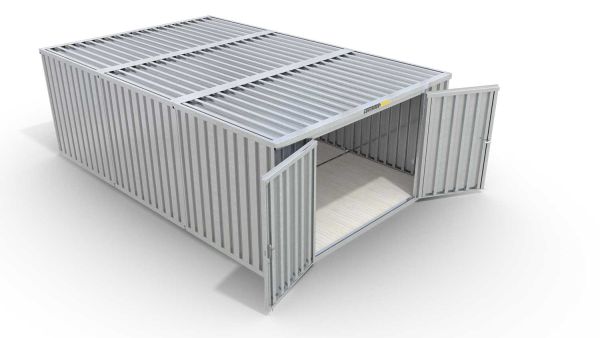 Lagercontainer L3  – 25 qm, H2150 x B4050 x T6520 mm, verzinkt, mit Holzfußboden, 2750 mm Doppelflügeltür mittig in Stirnseite, zerlegt