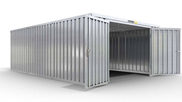 Lagercontainer L3  – 25 qm, H2115 x B4050 x T6520 mm, verzinkt, ohne Fußboden, 2750 mm Doppelflügeltür mittig in Stirnseite, zerlegt