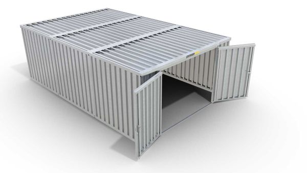 Lagercontainer L3  – 25 qm, H2115 x B4050 x T6520 mm, verzinkt, ohne Fußboden, 2750 mm Doppelflügeltür mittig in Stirnseite, zerlegt