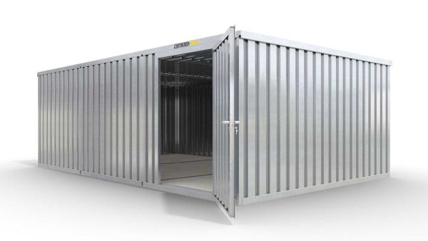 Lagercontainer M3  – 18 qm, H2150 x B3050 x T6520 mm, verzinkt, mit Holzfußboden, 1270 mm Einflügeltür mittig in Modul D, zerlegt