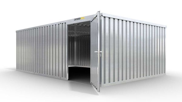 Lagercontainer M3  – 18 qm, H2115 x B3050 x T6520 mm, verzinkt, ohne Fußboden, 1270 mm Einflügeltür mittig in Modul D, zerlegt