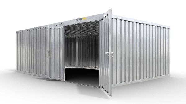 Lagercontainer L3  – 25 qm, H2115 x B4050 x T6520 mm, verzinkt, ohne Fußboden, 1830 mm Doppelflügeltür mittig in Modul D, zerlegt