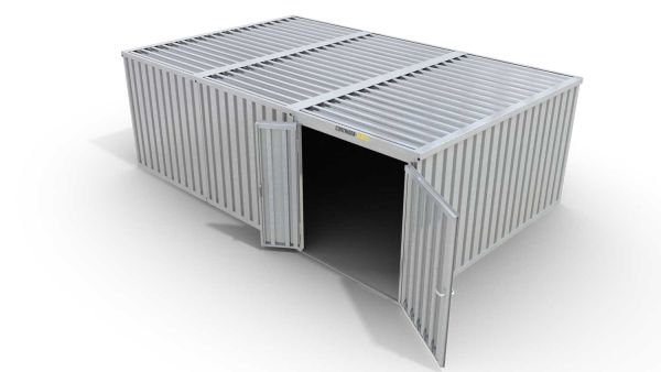 Lagercontainer M3  – 18 qm, H2115 x B3050 x T6520 mm, verzinkt, ohne Fußboden, 1830 mm Doppelflügeltür mittig in Modul D, zerlegt