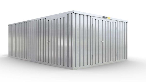 Lagercontainer M3  – 18 qm, H2115 x B3050 x T6520 mm, verzinkt, ohne Fußboden, 1830 mm Doppelflügeltür mittig in Stirnseite und 1270 mm Einflügeltür mittig in Modul C, zerlegt