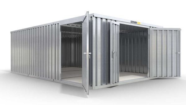 Lagercontainer M3  – 18 qm, H2150 x B3050 x T6520 mm, verzinkt, mit Holzfußboden, 1830 mm Doppelflügeltür mittig in Stirnseite und 1270 mm Einflügeltür mittig in Modul C, zerlegt