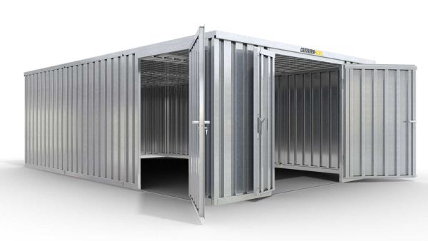 Lagercontainer M3  – 18 qm, H2115 x B3050 x T6520 mm, verzinkt, ohne Fußboden, 1830 mm Doppelflügeltür mittig in Stirnseite und 1270 mm Einflügeltür mittig in Modul C, zerlegt