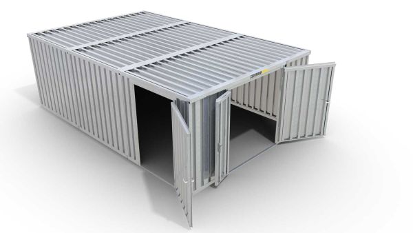 Lagercontainer M3  – 18 qm, H2115 x B3050 x T6520 mm, verzinkt, ohne Fußboden, 1830 mm Doppelflügeltür mittig in Stirnseite und 1270 mm Einflügeltür mittig in Modul C, zerlegt