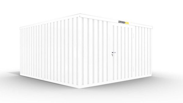 Isolierter Lagercontainer-Anlage – 12 qm, 2500 x 3050 x 4340 mm, grauweiß, mit isoliertem Boden, 1180 mm Einflügeltür mittig in Breitseite, vormontiert