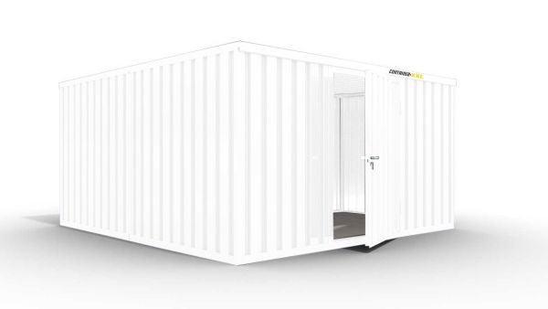 Isolierter Lagercontainer-Anlage – 16 qm, 2500 x 4050 x 4340 mm, grauweiß, mit isoliertem Boden, 1180 mm Einflügeltür mittig in Breitseite, vormontiert