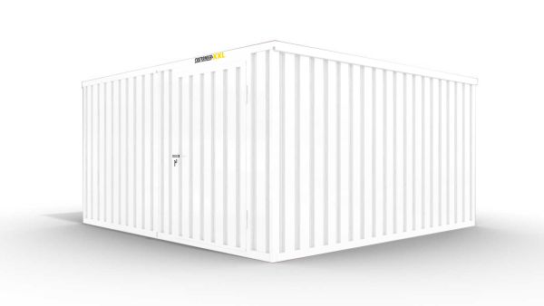 Isolierter Lagercontainer-Anlage – 12 qm, 2405 x 3050 x 4340 mm, grauweiß, mit Holzfußboden, 1180 mm Einflügeltür mittig in Modul D, vormontiert