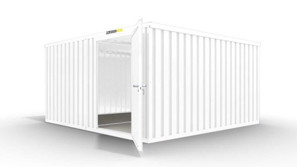 Isolierter Lagercontainer-Anlage – 12 qm, 2405 x 3050 x 4340 mm, grauweiß, mit Holzfußboden, 1180 mm Einflügeltür mittig in Modul D, vormontiert