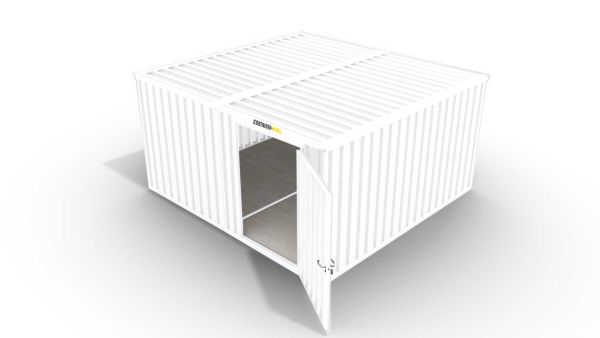 Isolierter Lagercontainer-Anlage – 12 qm, 2500 x 3050 x 4340 mm, grauweiß, mit isoliertem Boden, 1180 mm Einflügeltür mittig in Modul D, vormontiert