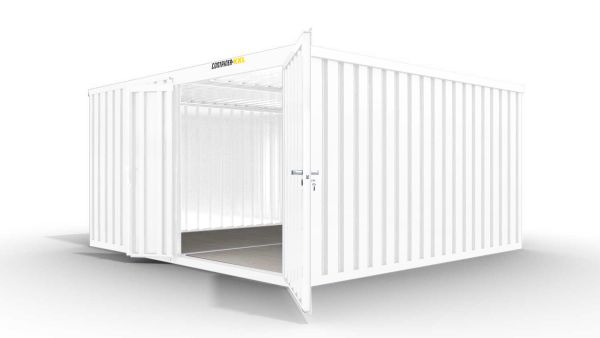 Isolierter Lagercontainer-Anlage – 12 qm, 2405 x 3050 x 4340 mm, grauweiß, mit Holzfußboden, 1840 mm Doppelflügeltür mittig in Modul D, vormontiert