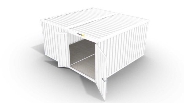 Isolierter Lagercontainer-Anlage – 12 qm, 2500 x 3050 x 4340 mm, grauweiß, mit isoliertem Boden, 1840 mm Doppelflügeltür mittig in Modul D, vormontiert