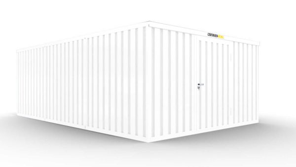 Isolierter Lagercontainer-Anlage – 18 qm, 2405 x 3050 x 6520 mm, grauweiß, mit Holzfußboden, 1180 mm Einflügeltür mittig in Breitseite, vormontiert