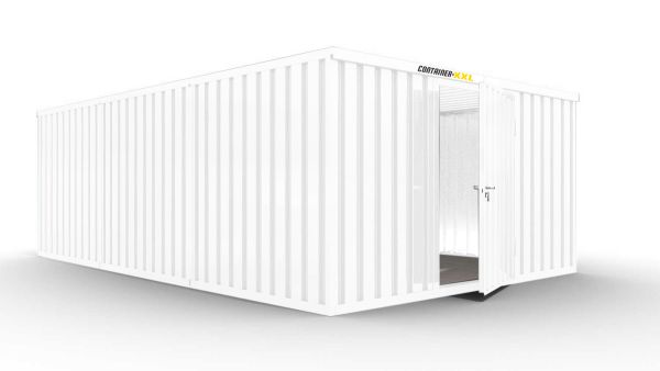 Isolierter Lagercontainer-Anlage – 18 qm, 2405 x 3050 x 6520 mm, grauweiß, mit Holzfußboden, 1180 mm Einflügeltür mittig in Breitseite, vormontiert