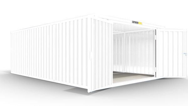 Isolierter Lagercontainer-Anlage – 30 qm, 2405 x 5080 x 6520 mm, grauweiß, mit Holzfußboden, 2400 mm Doppelflügeltür mittig in Stirnseite, montiert