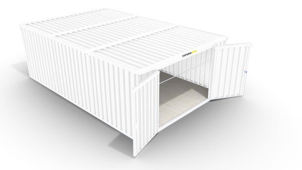 Isolierter Lagercontainer-Anlage – 18 qm, 2500 x 3050 x 6520 mm, grauweiß, mit isoliertem Boden, 2400 mm Doppelflügeltür mittig in Stirnseite, vormontiert