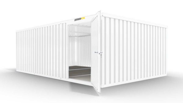 Isolierter Lagercontainer-Anlage – 25 qm, 2500 x 4050 x 6520 mm, grauweiß, mit isoliertem Boden, 1180 mm Einflügeltür mittig in Modul D, montiert