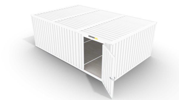 Isolierter Lagercontainer-Anlage – 18 qm, 2405 x 3050 x 6520 mm, grauweiß, mit Holzfußboden, 1180 mm Einflügeltür mittig in Modul D, vormontiert