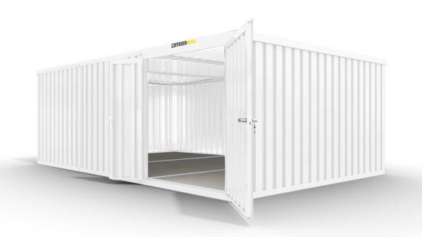 Isolierter Lagercontainer-Anlage – 18 qm, 2405 x 3050 x 6520 mm, grauweiß, mit Holzfußboden, 1840 mm Doppelflügeltür mittig in Modul D, vormontiert