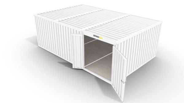 Isolierter Lagercontainer-Anlage – 18 qm, 2405 x 3050 x 6520 mm, grauweiß, mit Holzfußboden, 1840 mm Doppelflügeltür mittig in Modul D, vormontiert