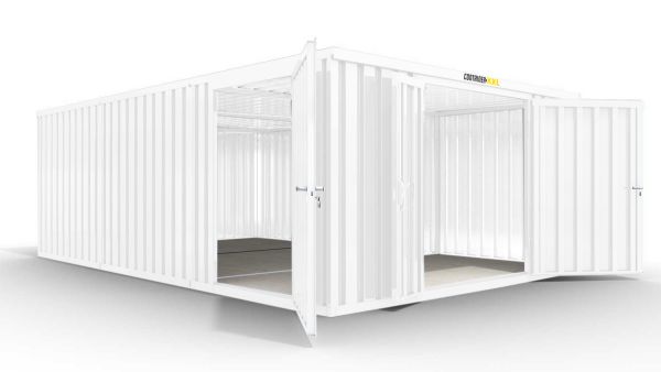 Isolierter Lagercontainer-Anlage – 18 qm, 2500 x 3050 x 6520 mm, verzinkt, mit isoliertem Boden, 1840 mm Doppelflügeltür mittig in Stirnseite und 1180 mm Einflügeltür mittig in Modul C, vormontiert