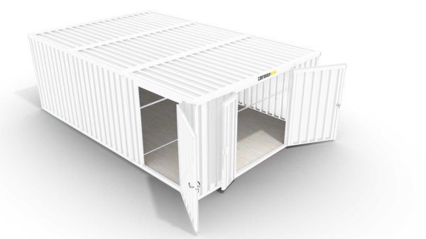 Isolierter Lagercontainer-Anlage – 25 qm, 2500 x 4050 x 6520 mm, verzinkt, mit isoliertem Boden, 1840 mm Doppelflügeltür mittig in Stirnseite und 1180 mm Einflügeltür mittig in Modul C, montiert