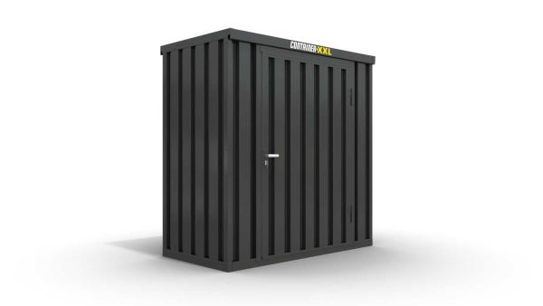 Lagercontainer XS  – 2 qm, H2150 x B2100 x T1140 mm, Außenwandlackierung anthrazit, Dach außen verzinkt, mit Holzfußboden, 1270 mm Einflügeltür mittig in Breitseite, montiert