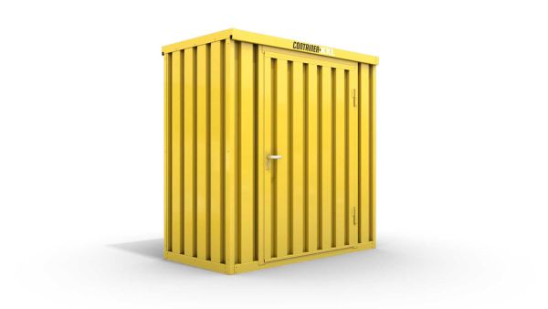 Lagercontainer S  – 4 qm, H2150 x B2100 x T2170 mm, Außenwandlackierung RAL 1003 signalgelb, Dach außen verzinkt, mit Holzfußboden, 1270 mm Einflügeltür mittig in Breitseite, montiert