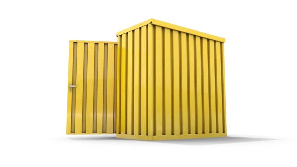 Lagercontainer S  – 4 qm, H2150 x B2100 x T2170 mm, Außenwandlackierung RAL 1003 signalgelb, Dach außen verzinkt, mit Holzfußboden, 1270 mm Einflügeltür mittig in Breitseite, montiert