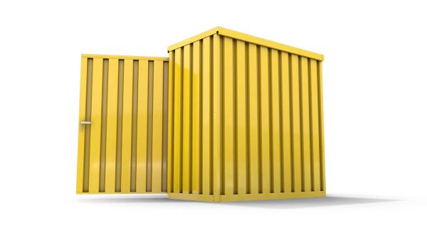 Lagercontainer XS  – 2 qm, H2150 x B2100 x T1140 mm, Außenwandlackierung RAL 1003 signalgelb, Dach außen verzinkt, mit Holzfußboden, 1830 mm Doppelflügeltür mittig in Breitseite, montiert